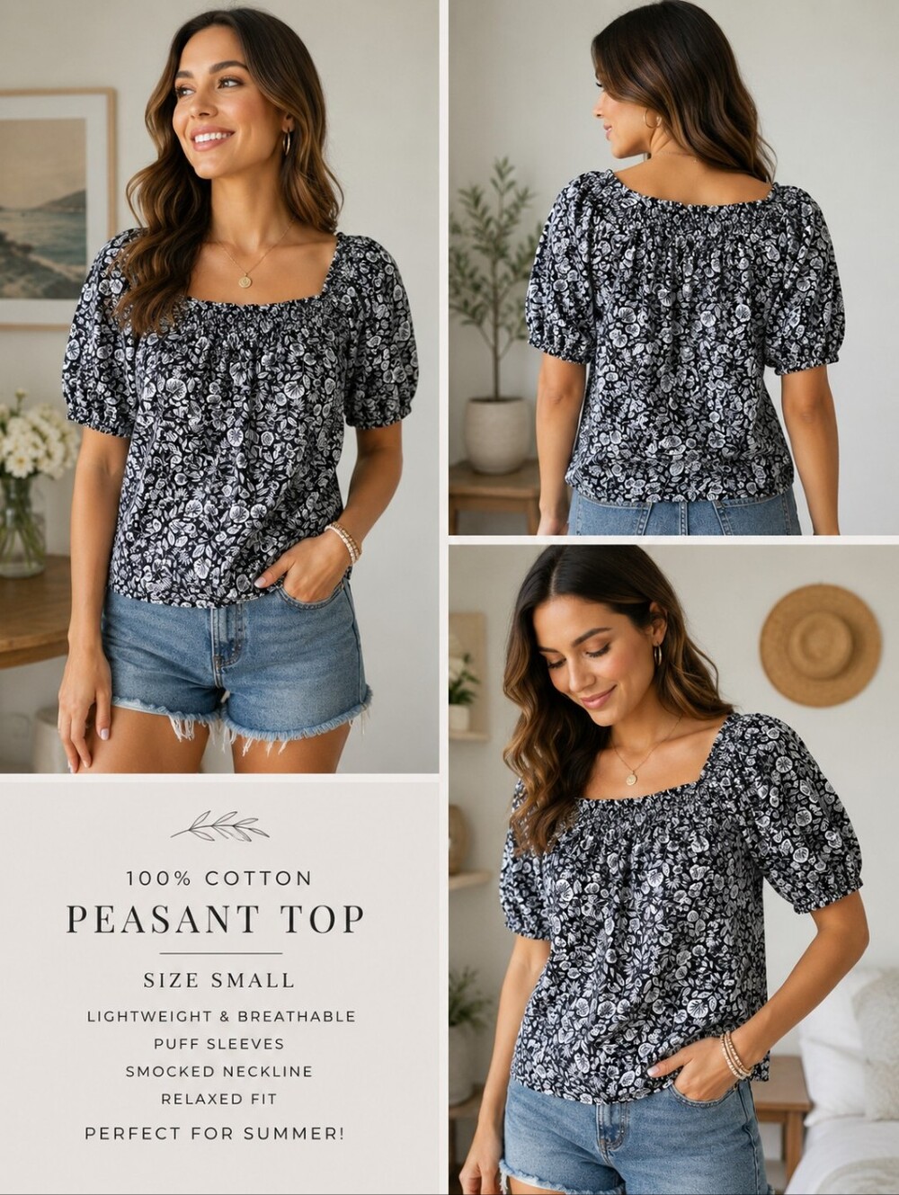 Black & White Floral Cottagecore Peasant Top | Size Small | 100% Cotton